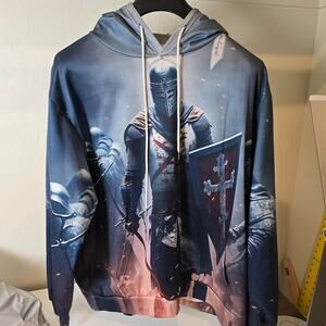 Knights Templar-themed graphic long-sleeve 
hoodie.